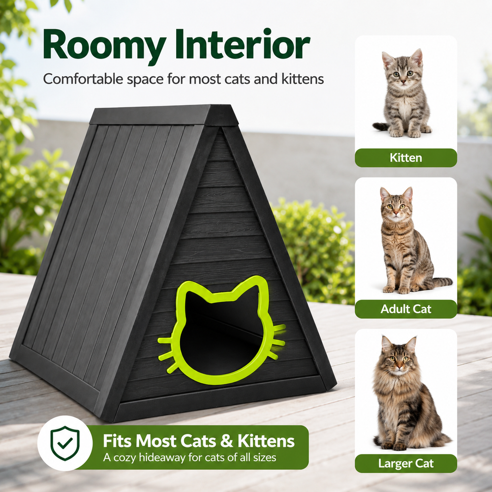 MINDYES Outdoor Cat House, Weatherproof Roof & Cat-shaped Door for Cats Kittens & Puppies, Black