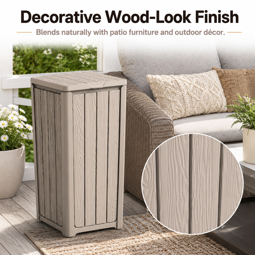 MINDYES Outdoor Trash Can with Lid, 32 Gallon Garbage Bin for Backyard & Garden, Light Brown