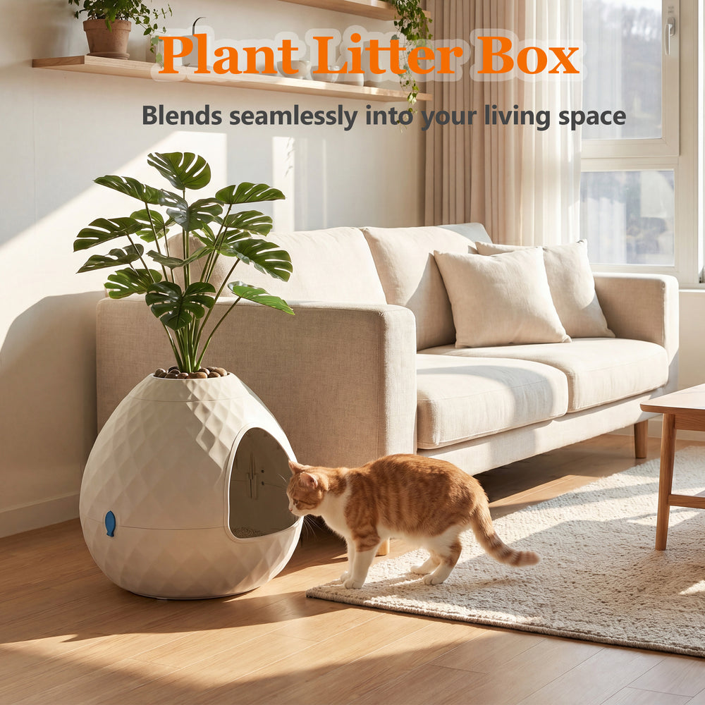 MINDYES Plant Hidden Cat Litter Box with Pebbles and Artificial Greenery, Home Decor Cat Boxs for All Cats, White