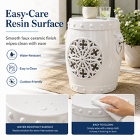 MINDYES 3-in-1 Faux Ceramic Garden Stool, Indoor Outdoor Furniture with Storage & Side Table, Home Collection for Patio Garden, White