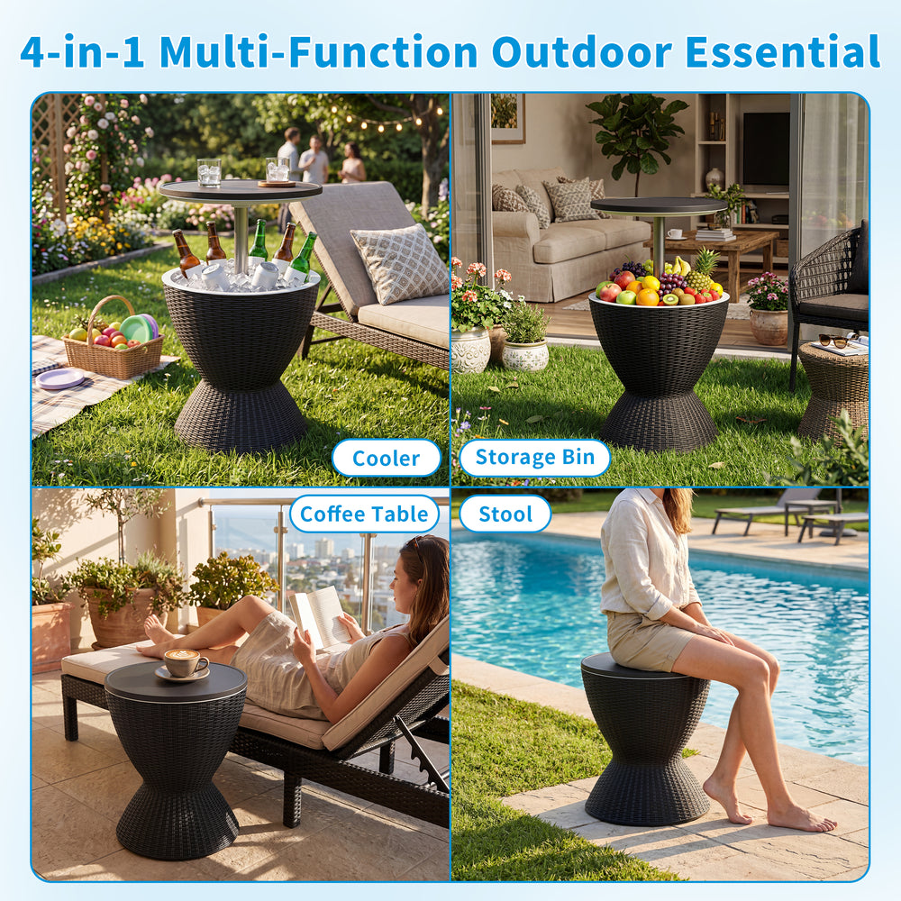 MINDYES 8 Gallon Ice Bucket 4-IN-1 Outdoor Patio Furniture, Cool Bar Table Cocktail Side Table, Black