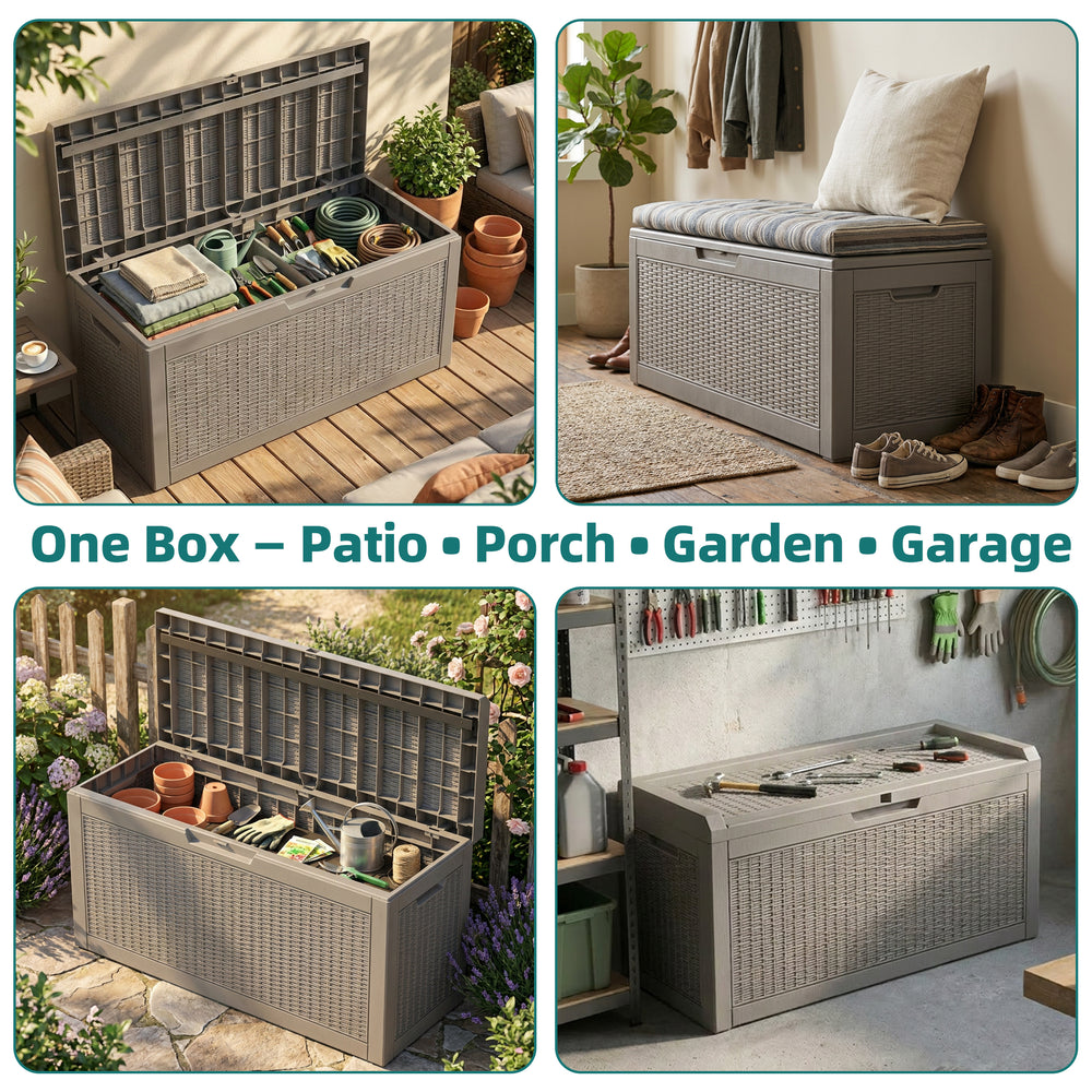 MINDYES 70 Gallon Resin Deck Box, Patio Cushions, Wicker Outdoor Storage Box Pool Toys & Garden Tools, Beige