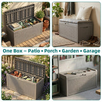 MINDYES 70 Gallon Resin Deck Box, Patio Cushions, Wicker Outdoor Storage Box Pool Toys & Garden Tools, Beige
