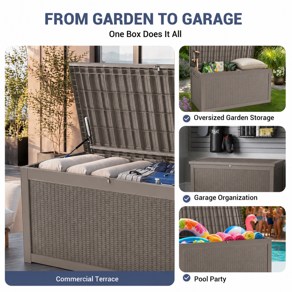 MINDYES 300 Gallon Deck Box, 3-IN-1 Outdoor Wicker Storage Box for Locker, Stool & Table, Beige
