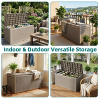 MINDYES 120 Gallon Resin Deck Box, Wicker Outdoor Storage Box for Garden Tools & Patio Cushions, Beige