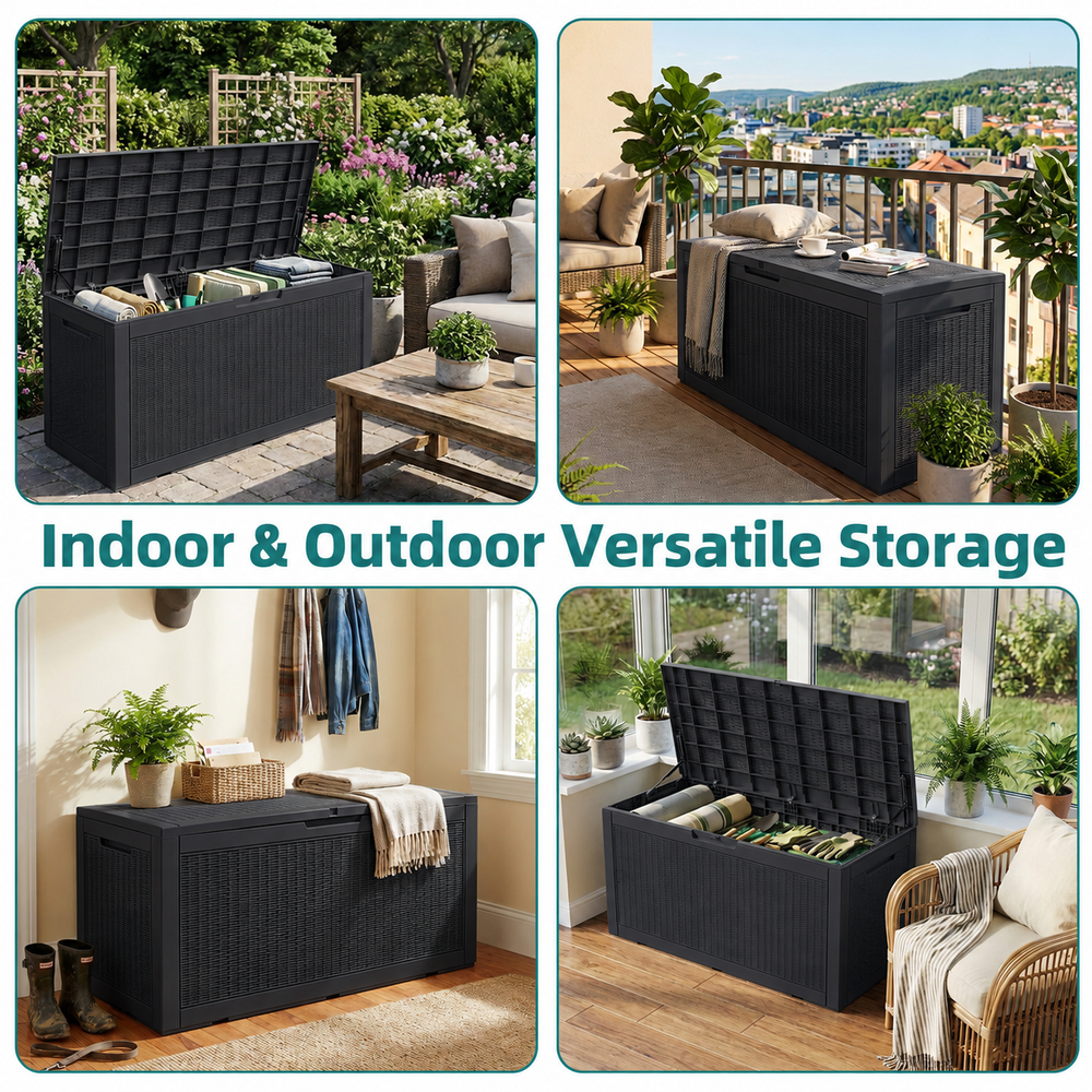 MINDYES 120 Gallon Wicker Deck Box, Outdoor Storage for Patio Cushions, Pool Floats & Garden Tools, Black