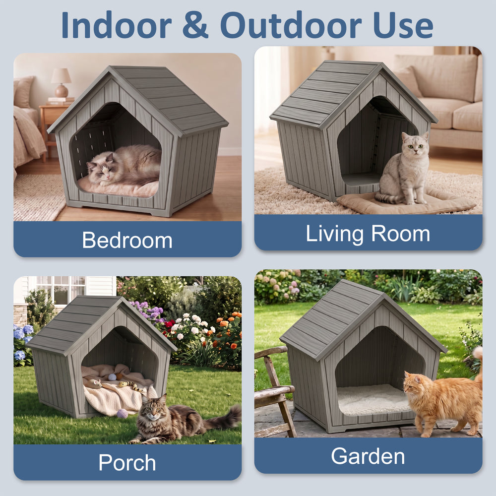 MINDYES Outdoor Cat House Weatherproof Faux Wooden Pet Shelter for Cats Kittens & Puppies, Light Brown