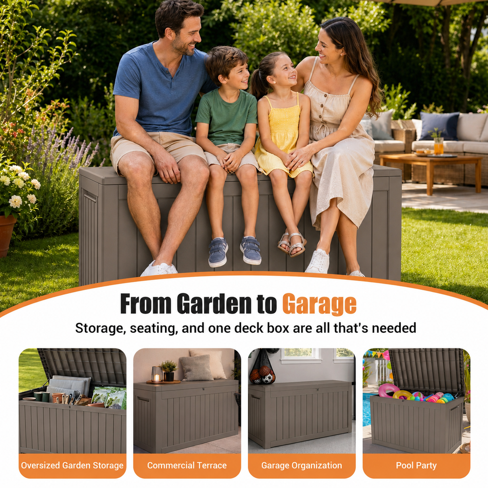 MINDYES 260 Gallon Outdoor Deck Box, 3-IN-1 Large Storage Box for Locker, Stool & Table, Beige
