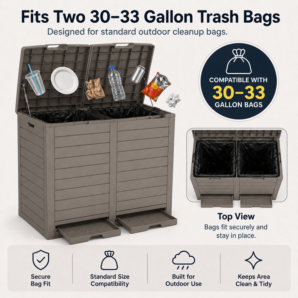 MINDYES Outdoor Trash Bin 62 Gallon Hideaway Garbage Can, Attached Lid, Light Brown