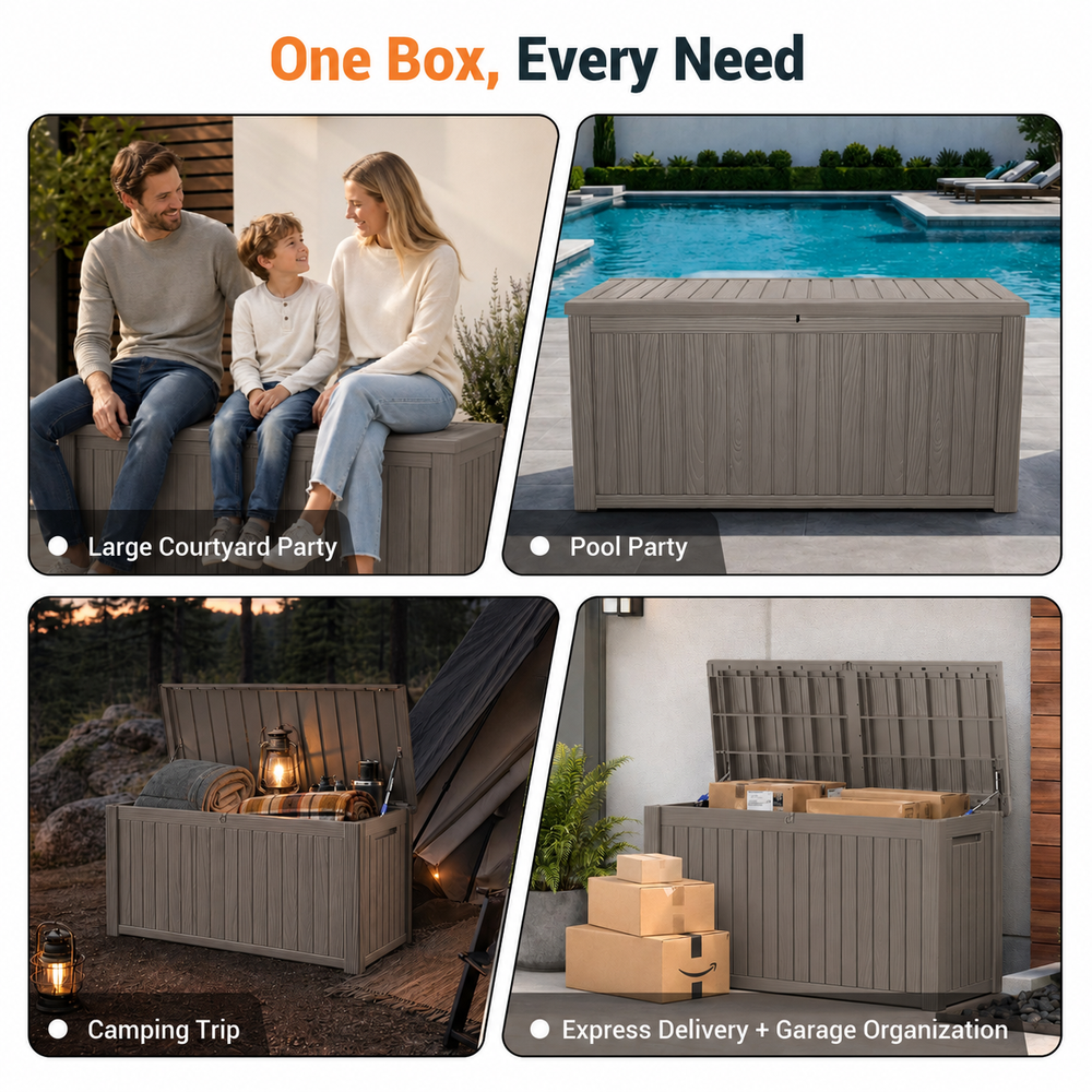 MINDYES 210 Gallon Resin Deck Box, 3-IN-1 Outdoor Storage Cabinet for Locker, Stool & Table, Beige