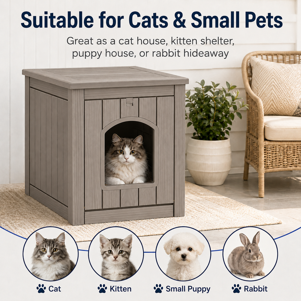 MINDYES Outdoor Cat House, Weatherproof 35Gal Pet Shelter for All Small Pets, Light Brown