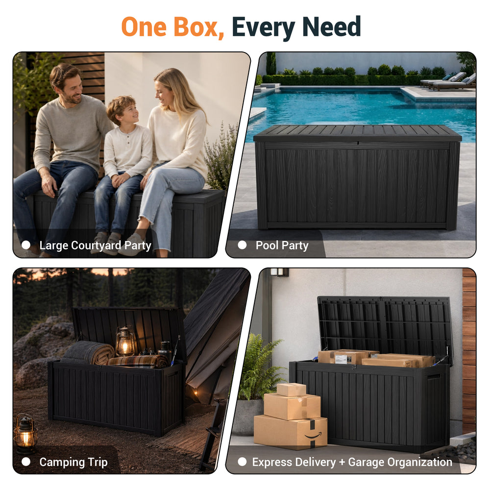 MINDYES 210 Gallon Deck Box, Mega Outdoor Storage Cabinet for Patio Furniture Cushions, Pool Equipment & Holiday Decor, Black