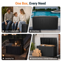 MINDYES 210 Gallon Deck Box, Mega Outdoor Storage Cabinet for Patio Furniture Cushions, Pool Equipment & Holiday Decor, Black