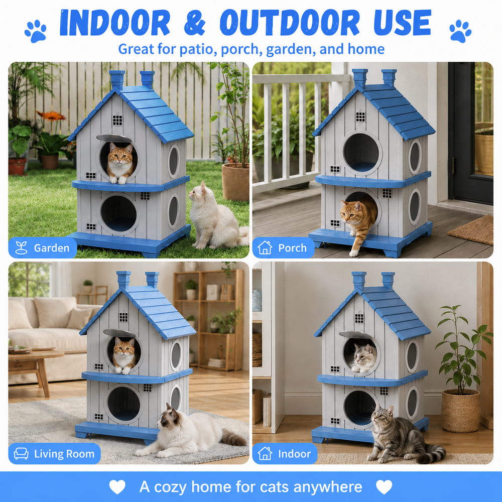 MINDYES Double-Layer Outdoor Cat House with Ventilation Windows, Weatherproof Pet Shelter for Garden & Patio, Blue