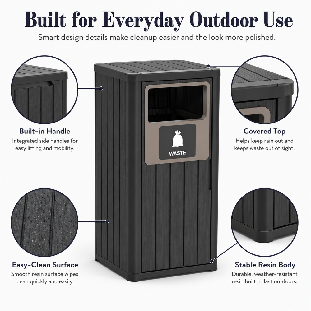 MINDYES 33 Gallon Outdoor Trash Bin with Garbage Labels, Home Garbage Can for Patio Porch & Backyard, Black
