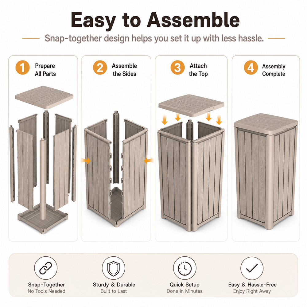 MINDYES Outdoor Trash Can with Lid, 32 Gallon Garbage Bin for Backyard & Garden, Light Brown