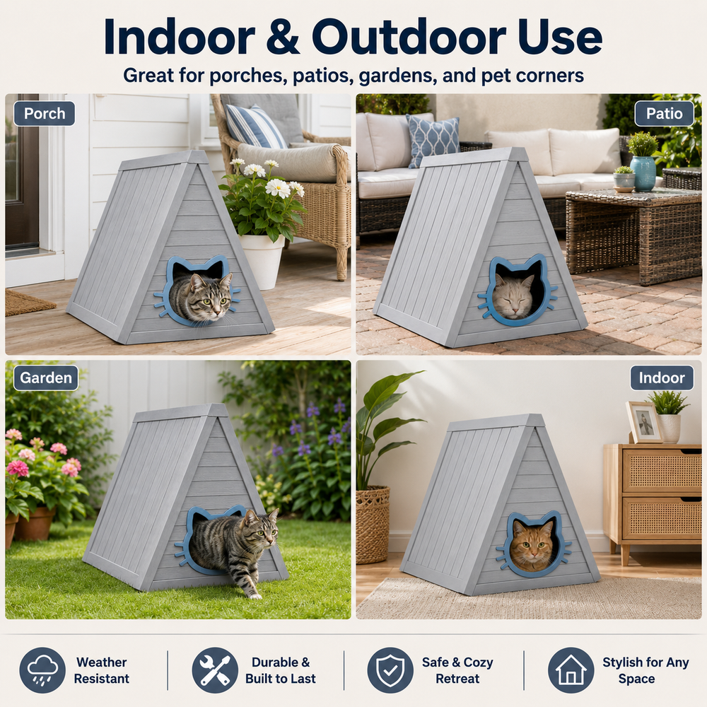 MINDYES Cat House, Indoor Outdoor Pet Shelter with Weatherproof Roof & Cat-shaped Door for All Small Pets, Gray