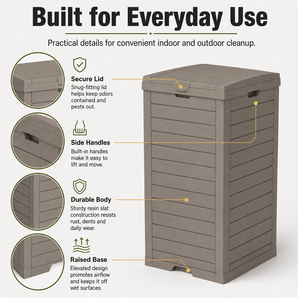 MINDYES Outdoor Trash Bin with Lid & Drip Tray, Hideaway Garbage Can, Light Brown