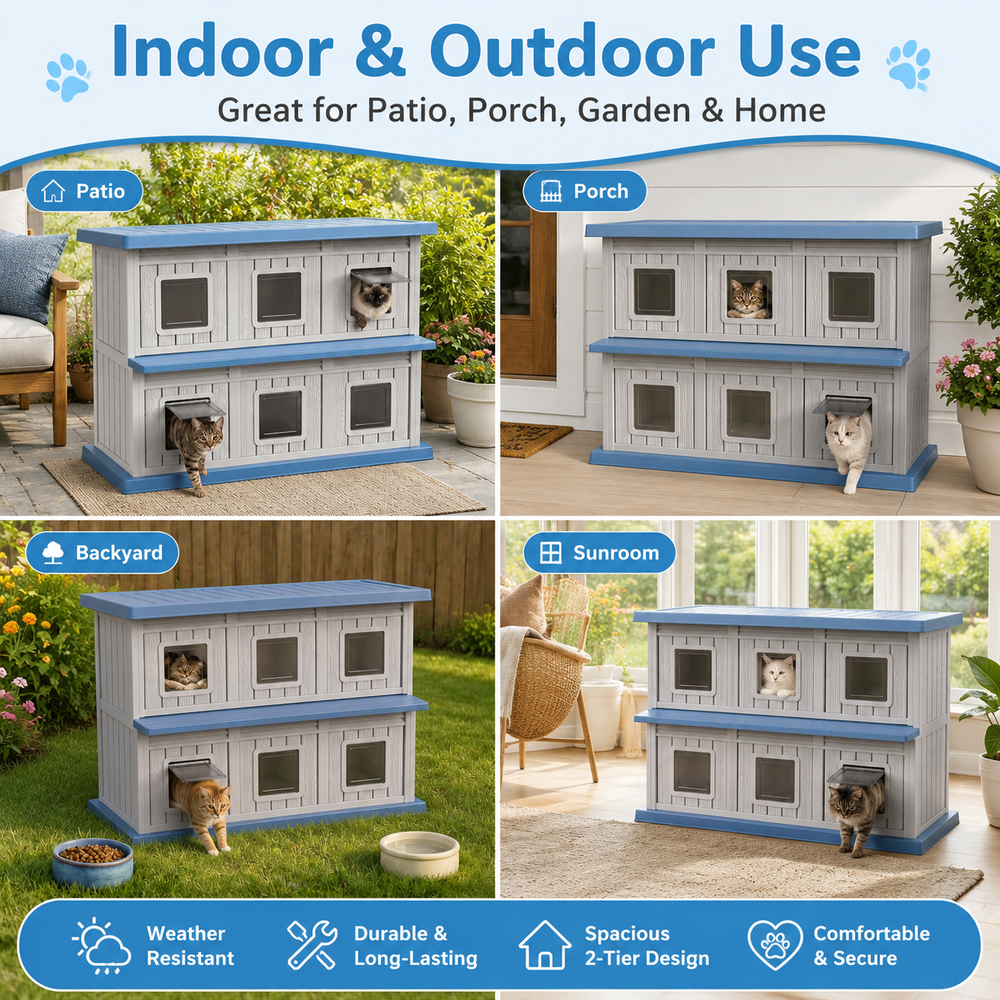 MINDYES Double-Layer Cat Bed, Indoor Outdoor Cat House Pet Shelter with Weatherproof Roof & Thickened Eaves for 6-12 Cats, Blue