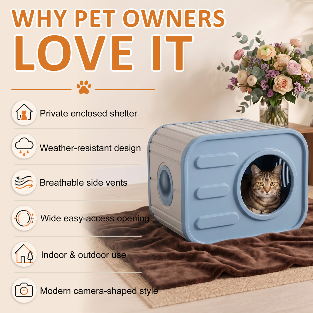 MINDYES Outdoor Cat House, Weatherproof Pet Shelter for Cats Kittens & Puppies, Blue