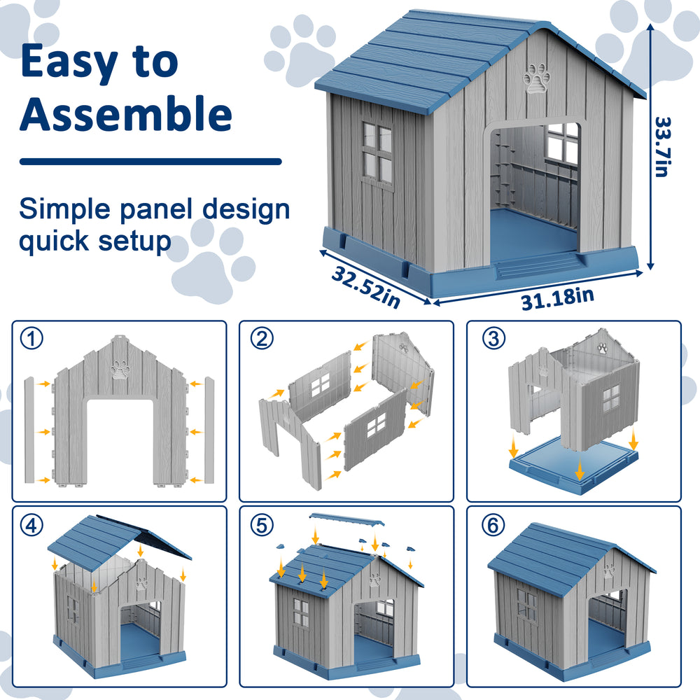 MINDYES Outdoor Dog House with Weatherproof Asphalt Roof & Window, Blue
