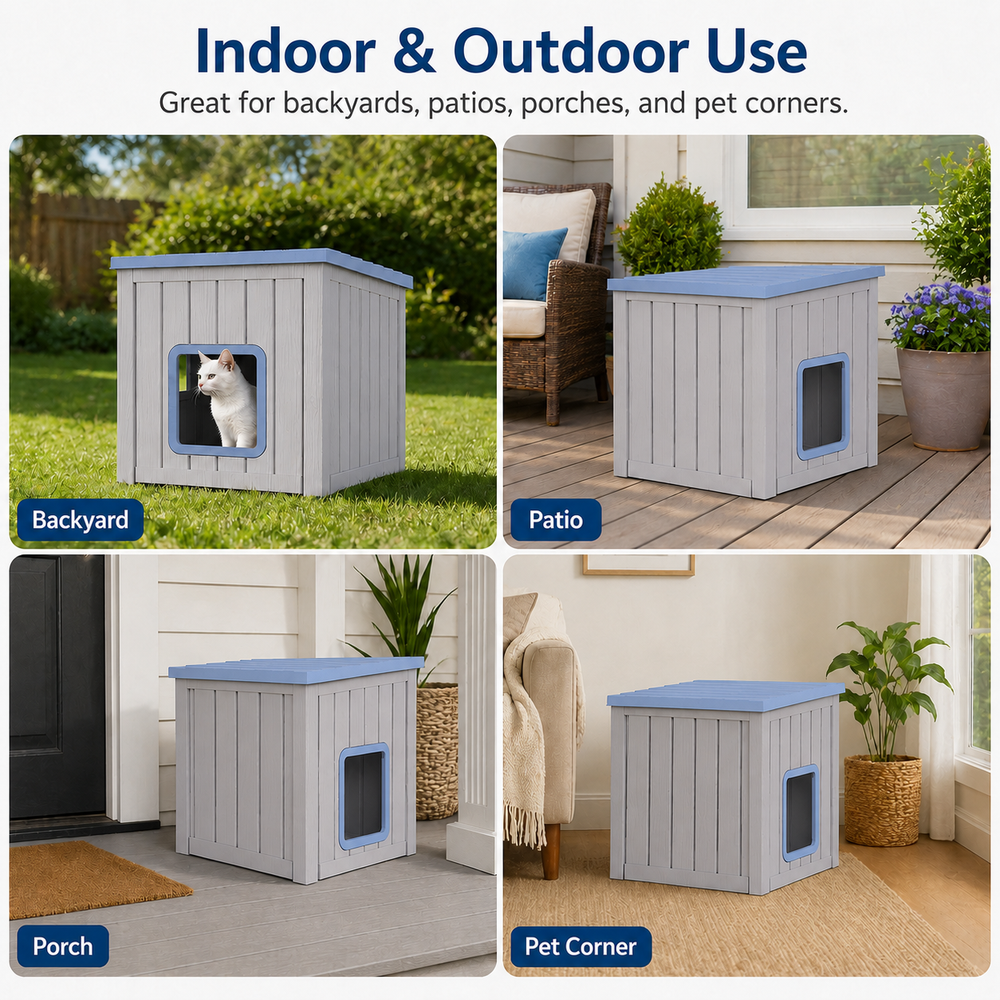 MINDYES Cat House, Outdoor Pet Shelter with Weatherproof Roof Removable Lids & Ventilation window, Blue