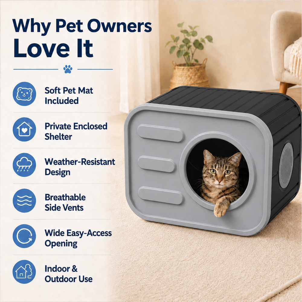 MINDYES Cat Bed for Indoor Outdoor, Home Decor Camera-Shaped Cat House with Cushion for All Cats, Gray