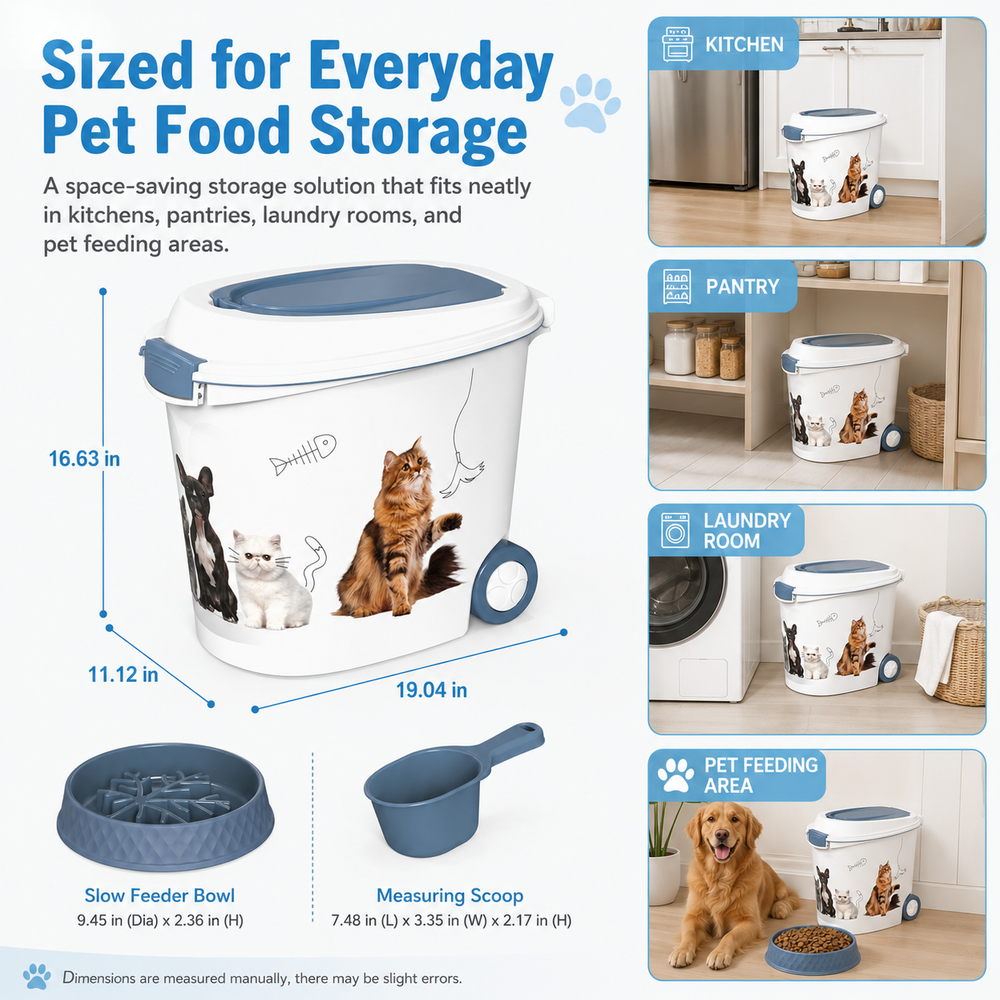 MINDYES 32 Lb Airtight Pet Food Storage Container, Dog & Cat Food Storage Bin with Scoop and Slow-Feeder Bowl