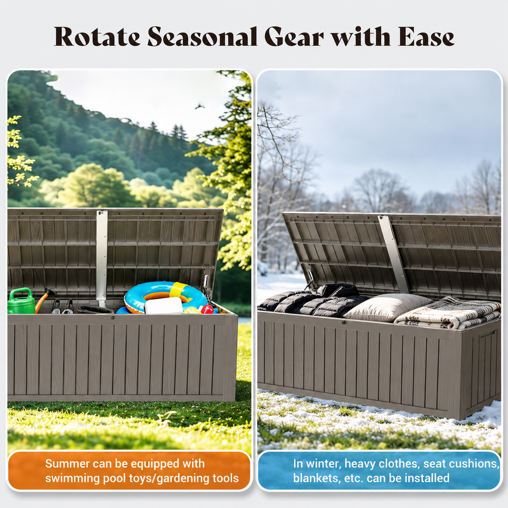 MINDYES 180 Gallon Large Deck Box, Outdoor Storage Box for Pool Equipment & Garden Tools, Beige