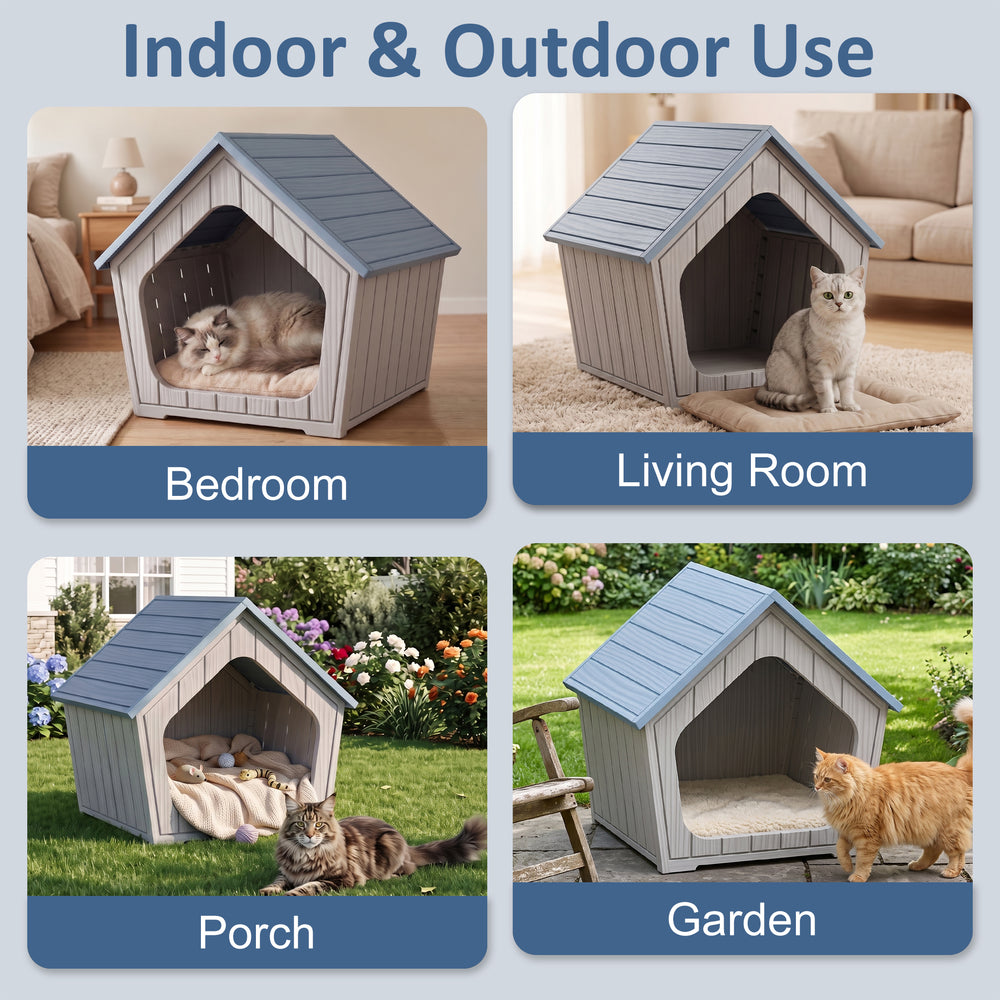 MINDYES Cat House Weatherproof Shelter for Feral Cats & Kittens, Resin Faux Wooden for Indoor & Outdoor, Blue