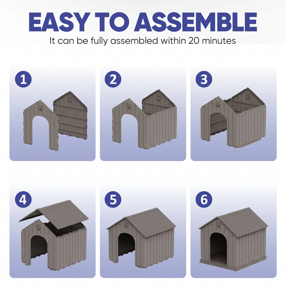 MINDYES Medium Small Dog House, Resin Faux Wood Dog Shelter for Outdoor & Indoor, Light Brown
