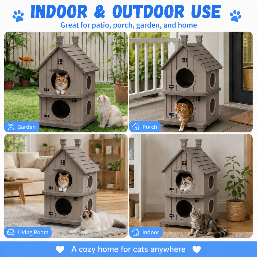 MINDYES Double-Layer Cat House for Home, Cat Shelter with entilation Windows for Indoor & Outdoor,  Light Brown