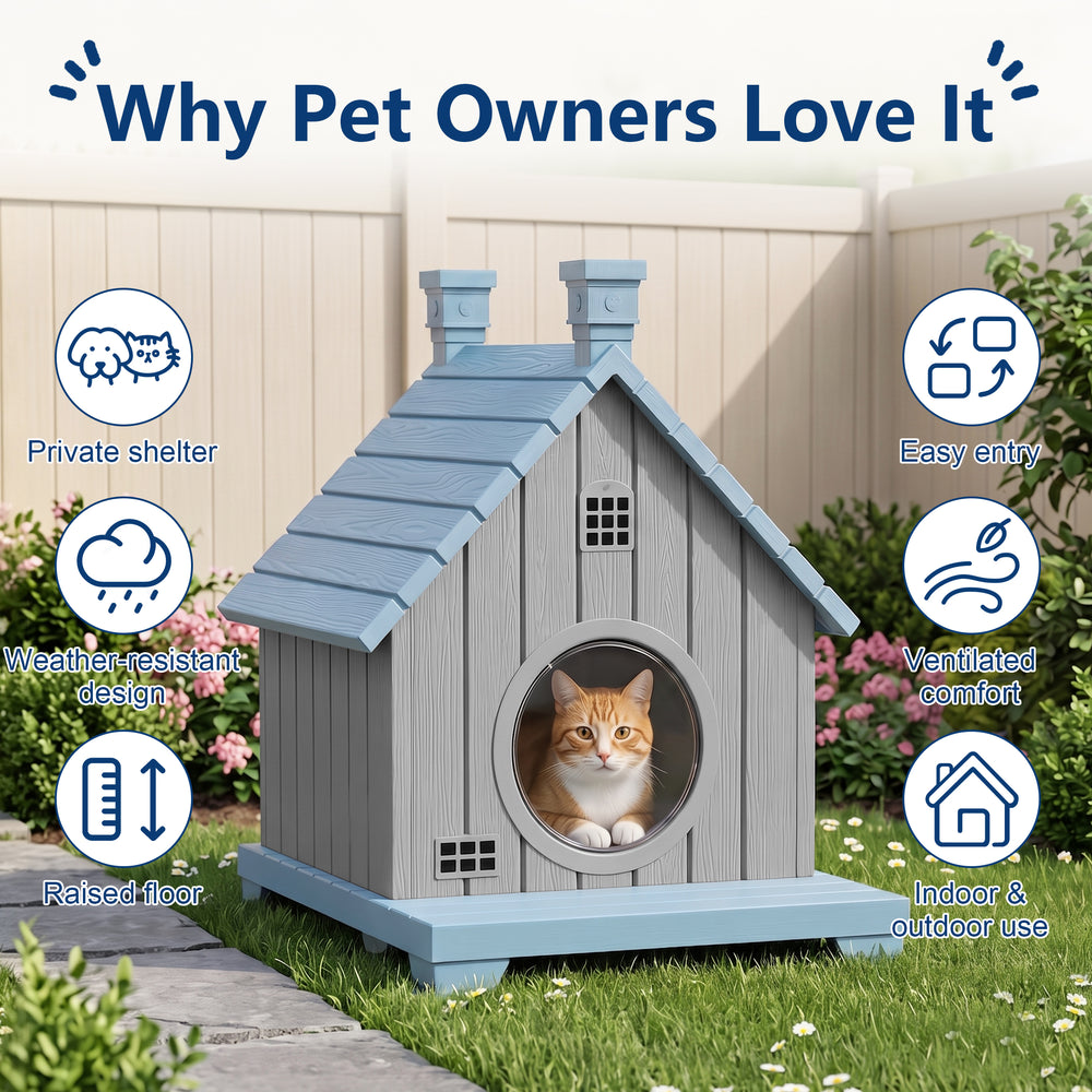 MINDYES Outdoor Cat House Weatherproof Pet Shelter for Cats Kittens & Puppies, Blue
