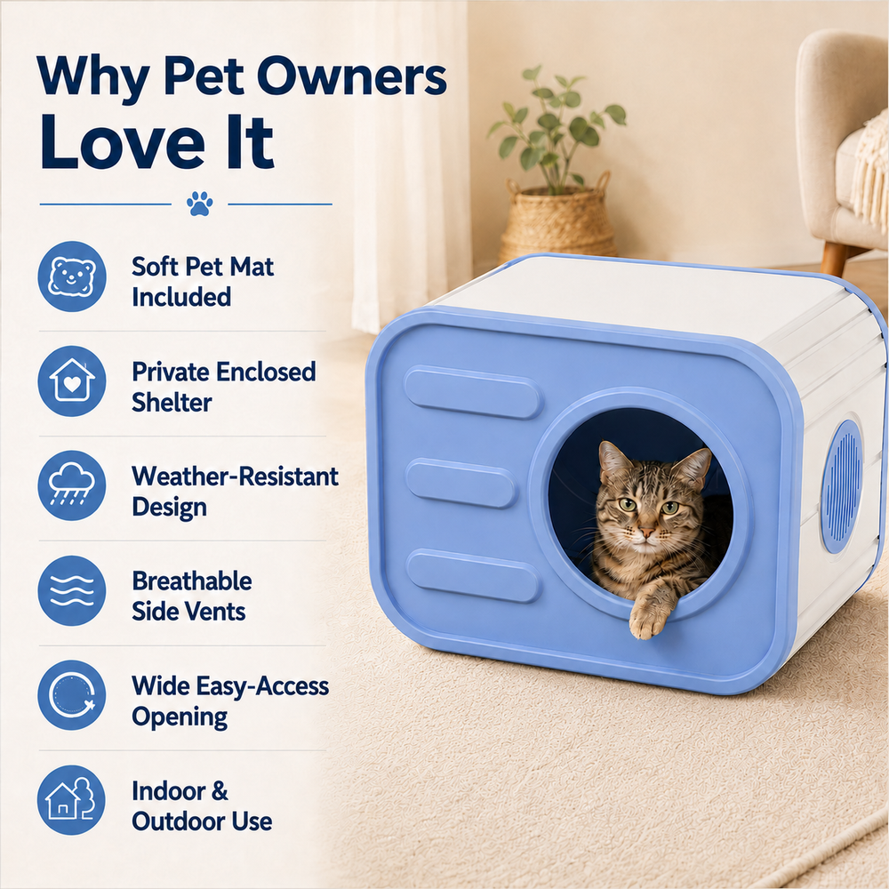 MINDYES Indoor Cat Bed with Cushion, Camera-Shaped Cat House for Cats Kittens & Puppies, Blue