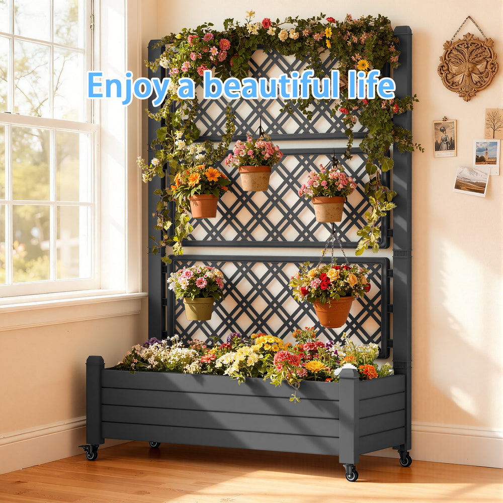 MINDYES Outdoor Raised Garden Bed With Trellis, Backyard Above Ground Large Garden Planter Boxes with Legs & Wheels 43.43*18.27*64.29