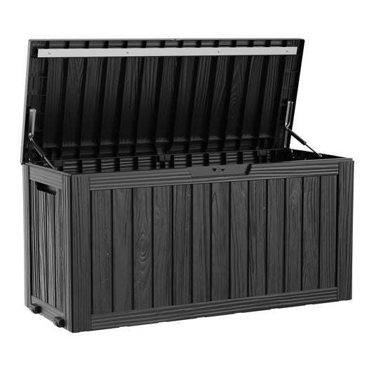 MINDYES 90 Gallon Deck Box, Outdoor Resin Storage Box with Gas Strut for Garden Patio Backyard, Black